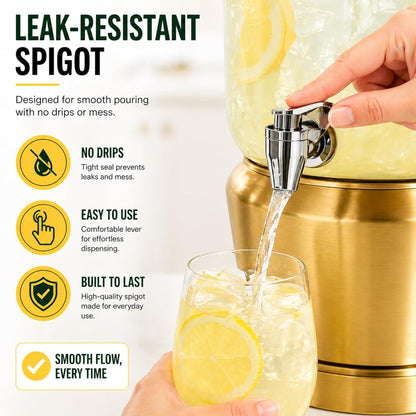 Drink Dispenser with Ice Chambers, Lemonade Tea Water Dispenser with Spigot, Stainless Steel Beverage Jar Jug, Perfect for Home Parties, Weddings, Gifts & Events (Gold, 3, Gallons)