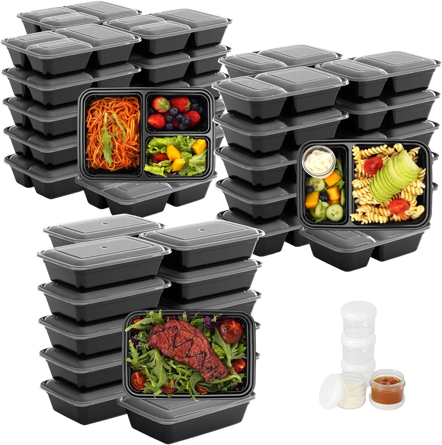 LISI 100-Piece Meal Prep Containers, 33oz Large Food Storage Containers with lids with 1, 2, 3-Compartment, Freezer Safe To-Go/Take-Out Boxes, Includes 5-Pack 2oz Dressing Cups for Take Out