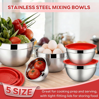 E-far Mixing Bowls With Lids Sets of 5, 10-Piece Stainless Steel Salad Metal Nesting Bowl for Baking Cooking and Prepping, Airtight Lid & Stackable Design, Size 4.6, 3, 2.1, 1.5, 0.7 QT, Black