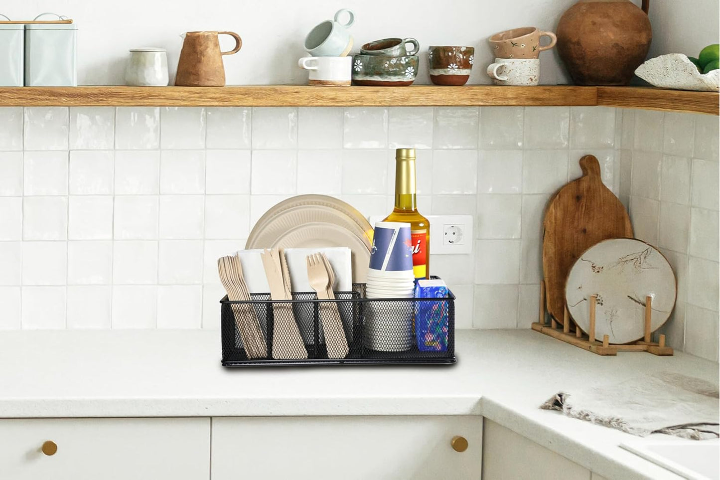 Metal Paper Plate Organizer & Utensil Holder for Countertop, Silverware Caddy Cutlery Flatware Organizer for Plastic Cup Forks Spoon Napkins, Paper Plate Holder for Picnic Camping Party