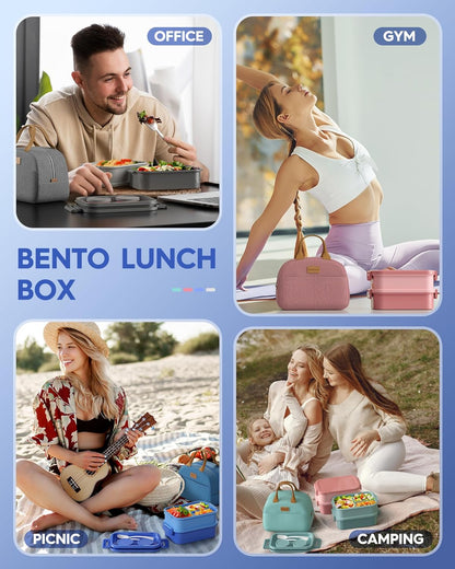 KEMETHY Adults Bento Lunch Box Set with Thermo Bag, 74oz Stackable Leak-proof 3-tiers Bento Box, Built-in Utensil and Sauce Container for Work, School, Dining Out (Gray)