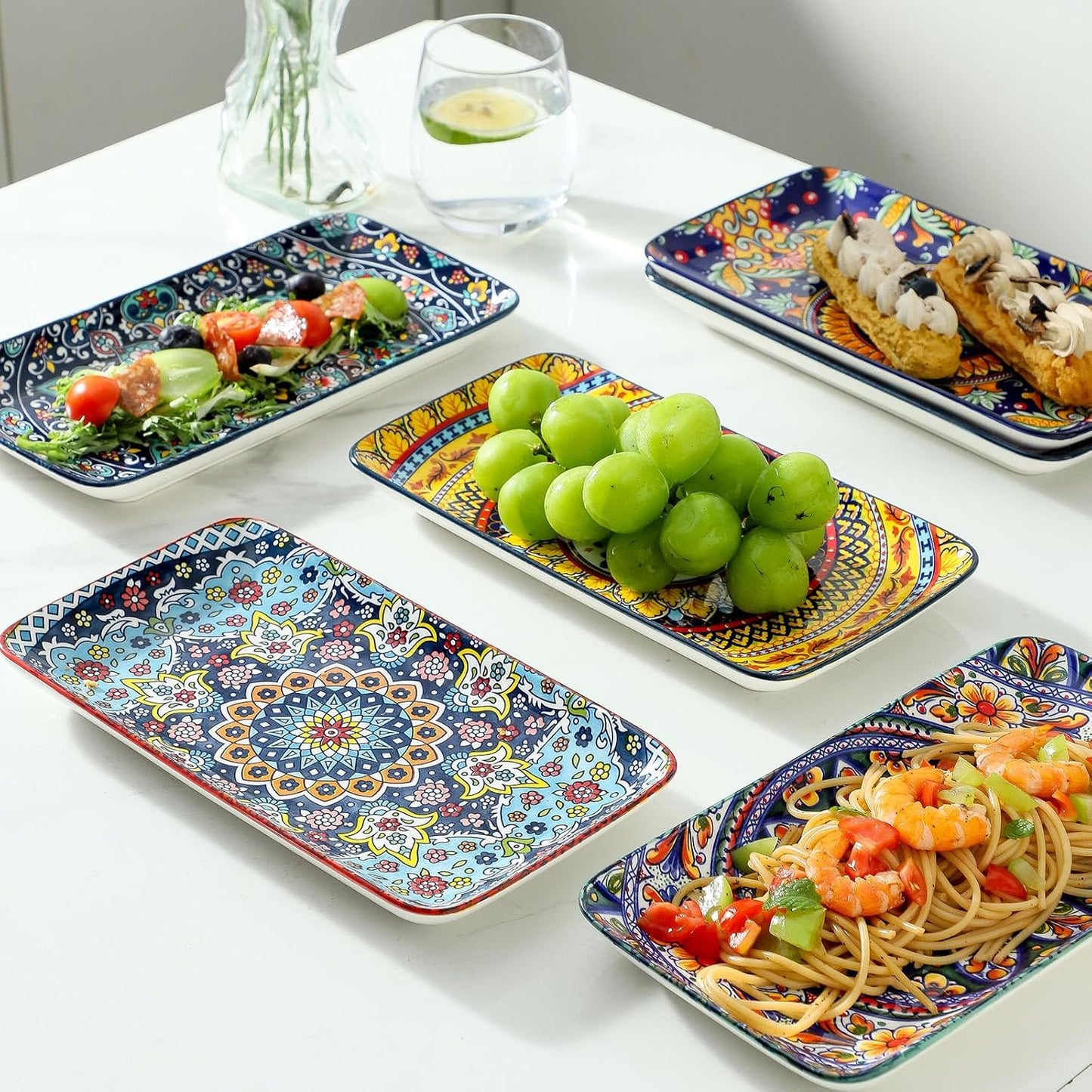 glowworm Porcelain Appetizer Plates Set of 6, 8.5 Inch Salad Plates for Sushi, Dessert, Rectangular Serving Platters, Serving Tray for Party, Kitchen, Microwave & Oven Safe, Bohemian