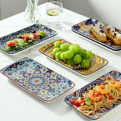 glowworm Porcelain Appetizer Plates Set of 6, 8.5 Inch Salad Plates for Sushi, Dessert, Rectangular Serving Platters, Serving Tray for Party, Kitchen, Microwave & Oven Safe, Bohemian