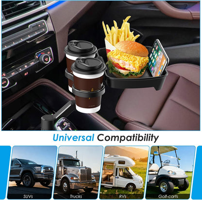 Biupky Car Cup Holder Expander, 4-in-1 Universal Cup Holder Tray Compatible with 2.6" to 3.94", Multi Cup Holders Table with Large Food Tray Phone Mount, for Travel Auto Trucker Road Trip Essentials