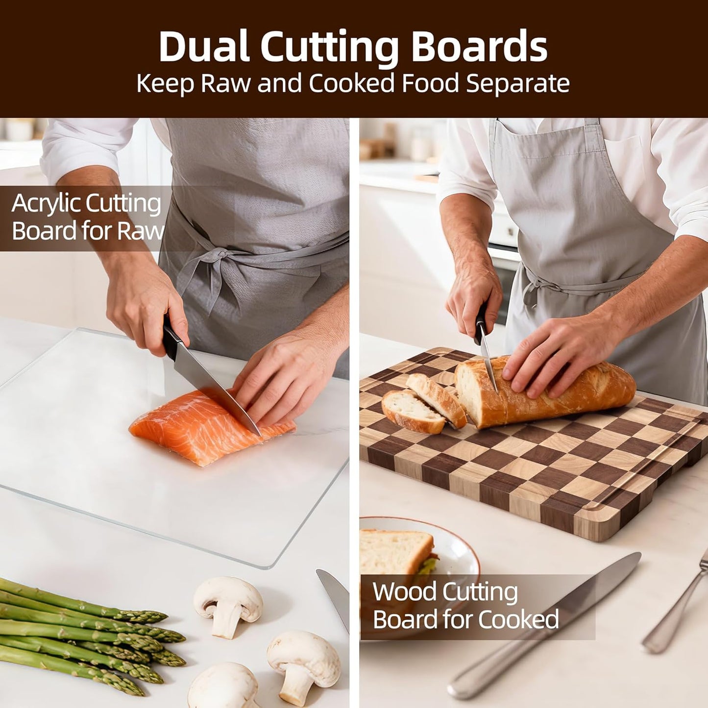 Cutting Board Set of 2 – Checkered Wood & Acrylic Cutting Board with Counter Lip for Kitchen Counter, Wood Checkerboard Chopping Board with Juice Grooves for Vegetables, Fruits, Meat