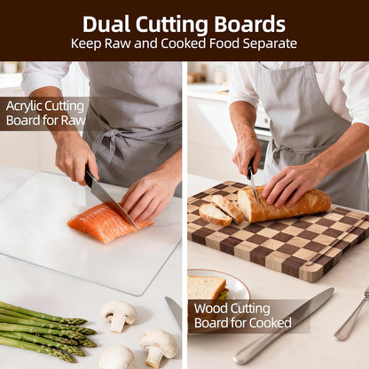 Cutting Board Set of 2 – Checkered Wood & Acrylic Cutting Board with Counter Lip for Kitchen Counter, Wood Checkerboard Chopping Board with Juice Grooves for Vegetables, Fruits, Meat