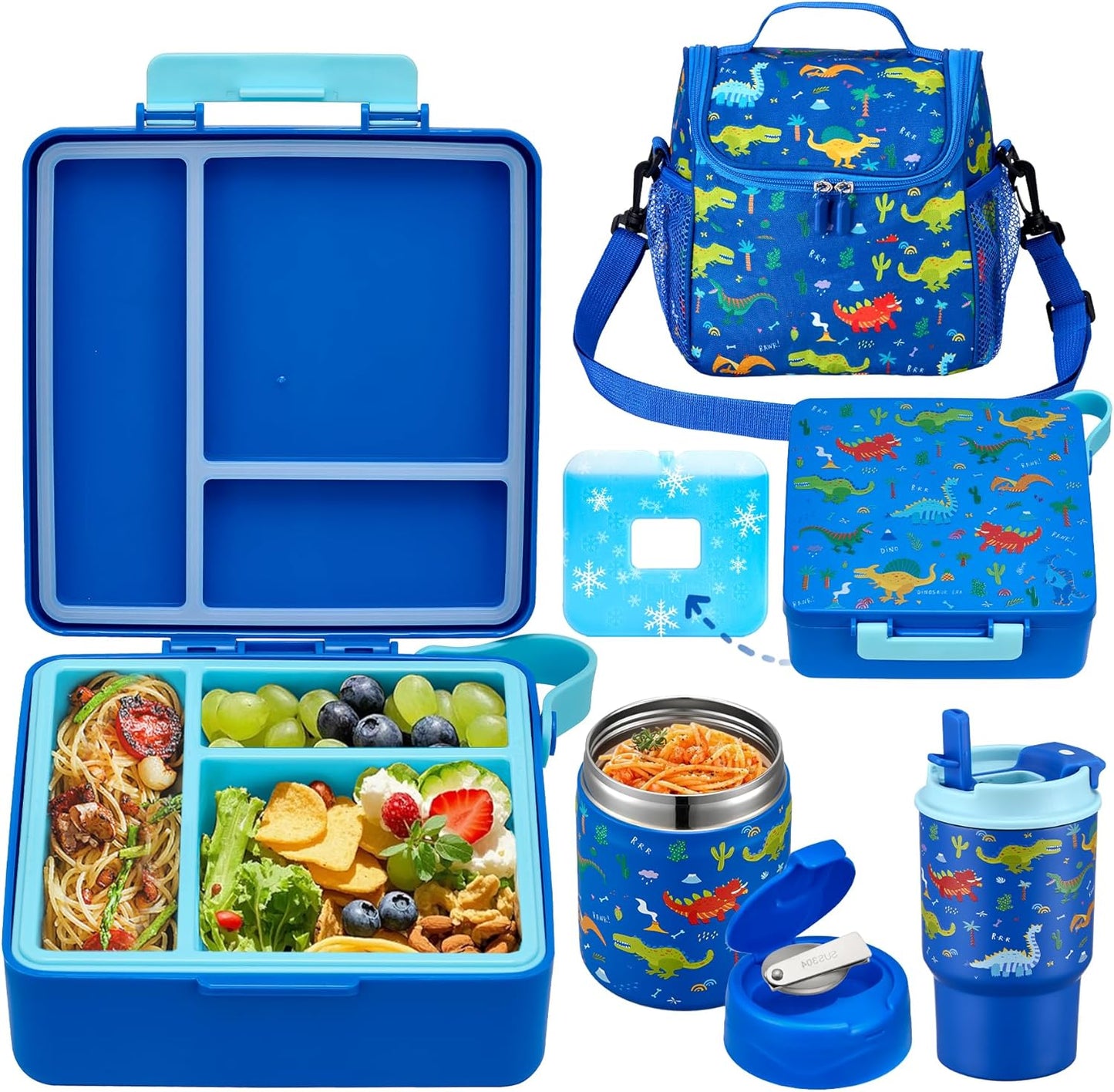 Bento Lunch Box for Kids with 17oz Soup Thermo,Insulated Tumbler Water Bottle and Insulated Lunch Bag,Leak-Proof 3 Compartment Lunch Food Container with Ice Pack for Kids to School-Horse