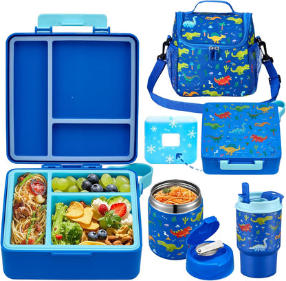 Bento Lunch Box for Kids with 17oz Soup Thermo,Insulated Tumbler Water Bottle and Insulated Lunch Bag,Leak-Proof 3 Compartment Lunch Food Container with Ice Pack for Kids to School-Horse