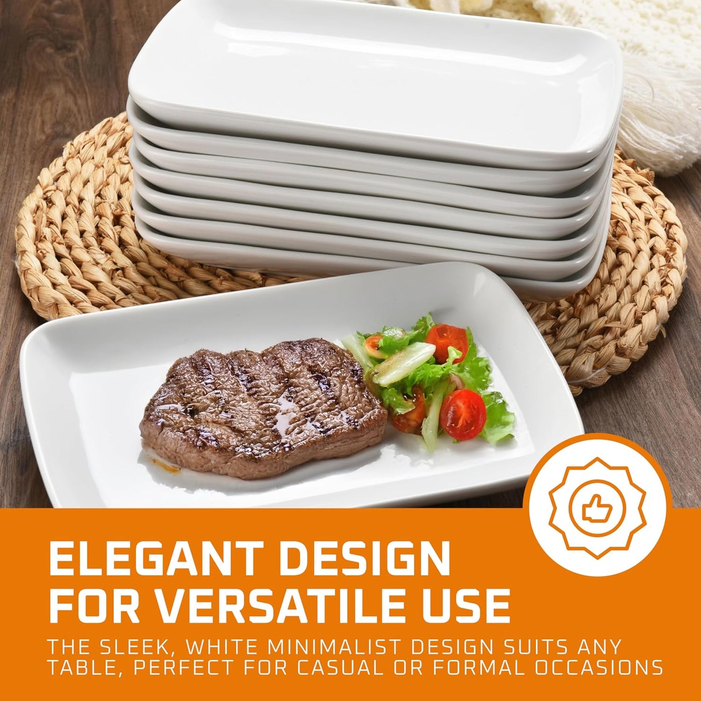 Bruntmor White Rectangular Platter Plates Set of 8 - Ceramic Serving Dishes - 8'' White Plates Serving Tray for Dessert Appetizer, Salad - Microwave Oven Safe - Perfect for Dinner and Party Buffet
