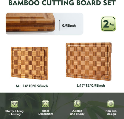 Heavy Duty Bamboo Cutting Board Set 3 Pack Non Toxic Juice Groove Charcuterie Board Book Wood Cutting Boards for Kitchen Solid End Grain Wood Chopping Board Large Butcher Block