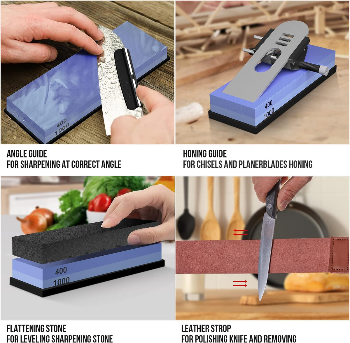 Whetstone Knife Sharpening Stone Set, Double-Sided Grit 400/1000 3000/8000