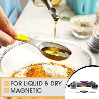 Spring Chef Stainless Steel Magnetic Measuring Spoons Set with Strong N45 Magnets, Heavy Duty Metal Kitchen Gadgets for Baking & Cooking, Fits in Most Kitchen Spice Jars, Set of 8 with Leveler, Black