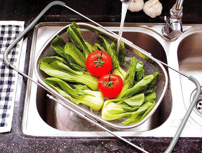 AJIODA Over The Sink Colander, 4 Quarts Stainless Steel Oval Colander with Expandable Rubber Grip Handle, Fine Mesh Strainer Baskets Kitchen Colanders for Strain, Drain, Rinse Vegetable, Fruits, Black