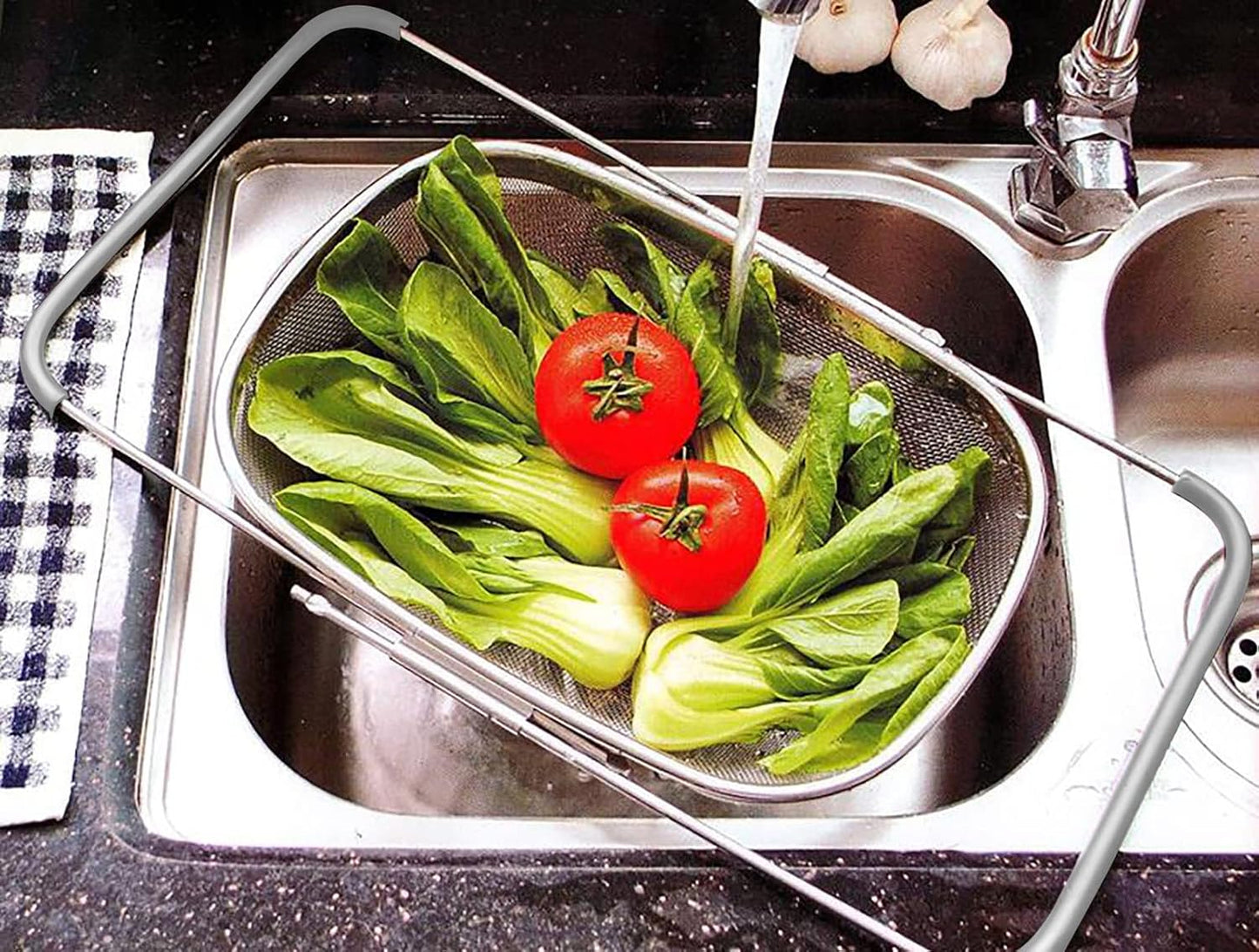 AJIODA Over The Sink Colander, 4 Quarts Stainless Steel Oval Colander with Expandable Rubber Grip Handle, Fine Mesh Strainer Baskets Kitchen Colanders for Strain, Drain, Rinse Vegetable, Fruits, Black