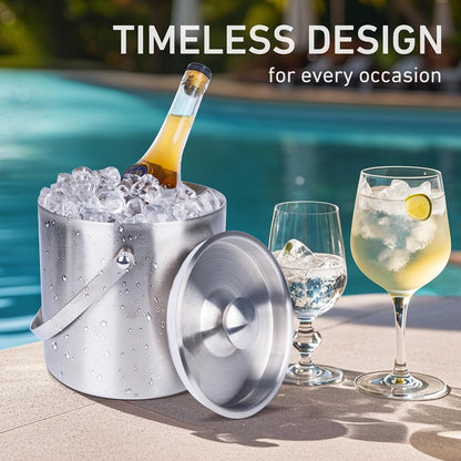 3L beige white Double Wall Insulated Stainless Steel Ice Bucket with scoop for Cocktail Bar,Metal Ice Bucket for freezer with Lid for parties.ice Container to Keep Ice Colder,bar cart accessories