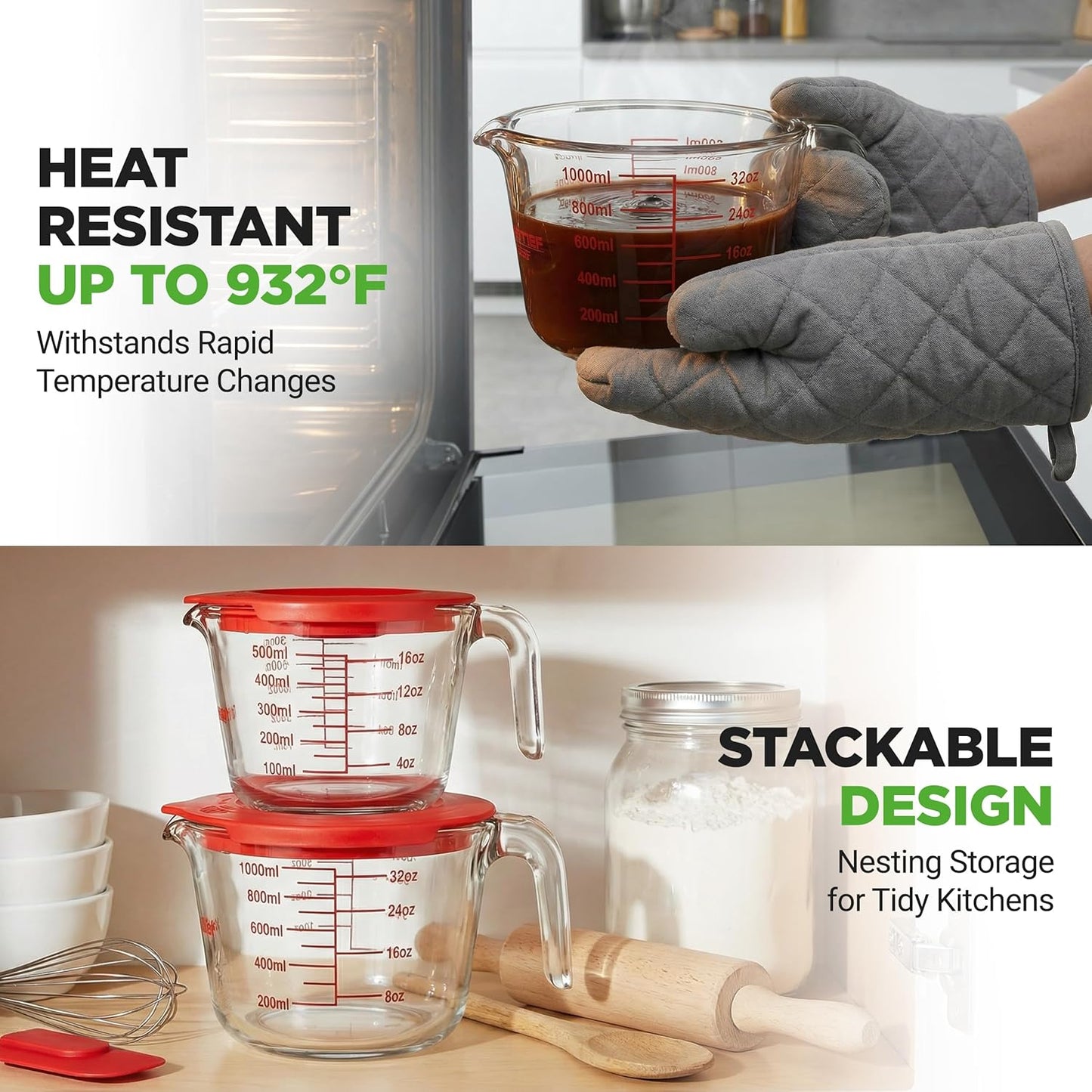 NutriChef 1,2 and 4 Cups Glass Measuring Cup Set with Lids (8, 17 and 34 oz) - Heat-Resistant Borosilicate Liquid Measure Cups with Easy-Read Scale for Cooking, Baking & Food Storage, Dishwasher Safe