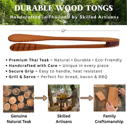 SarnThai Wood Tongs for Cooking, 12 Inch Handcrafted Teak Wood Toaster Tongs for Bread, BBQ, Meat, Salad, Pasta, Kitchen Serving