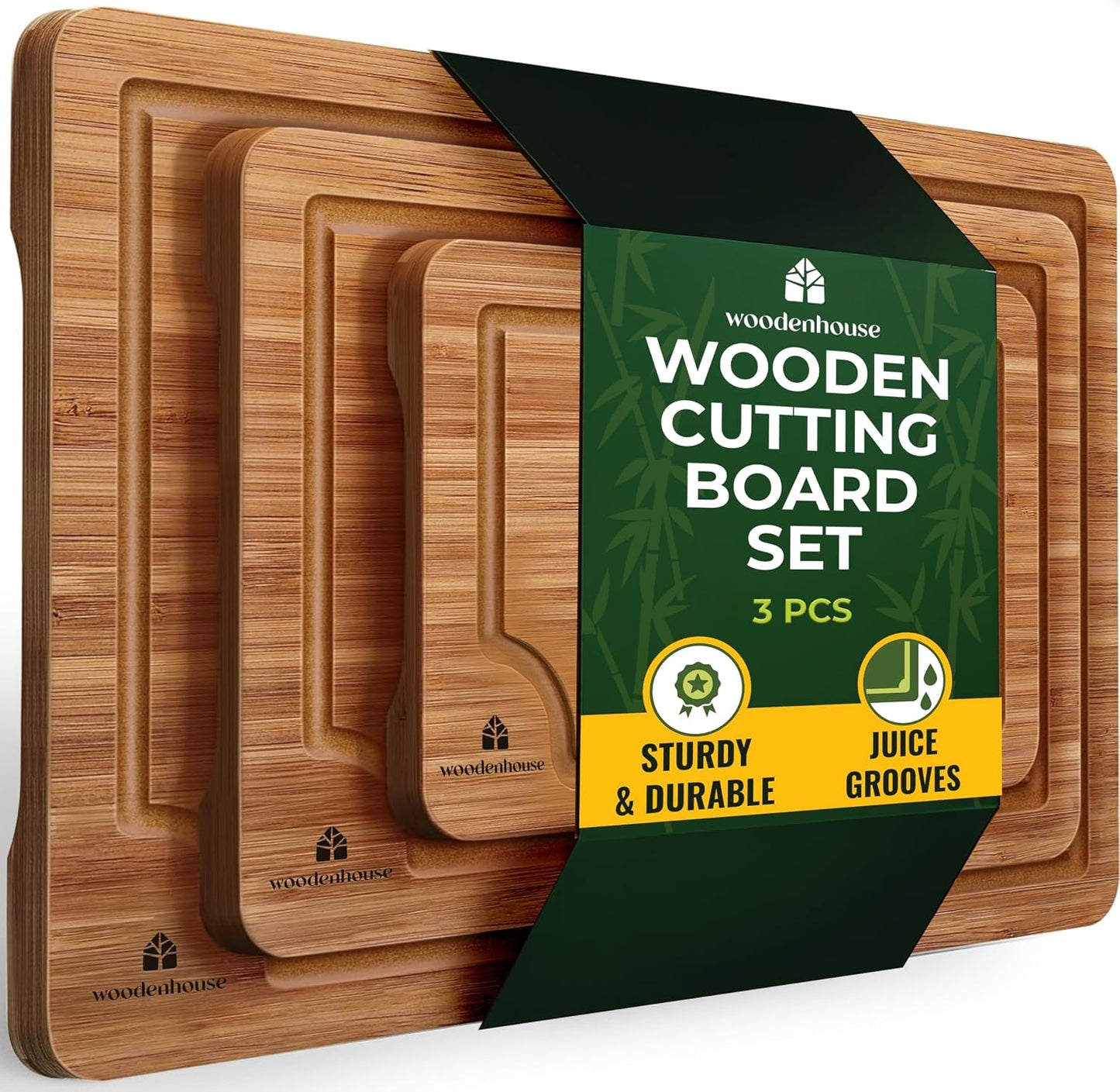 Wood Cutting Board Set of 3 with Holder - Sturdy & Easy to Clean Bamboo Wooden Cutting Boards for Kitchen - 3 Sizes of Chopping Board with Juice Grooves for Meal Prep, Everyday Use, Housewarming Gift