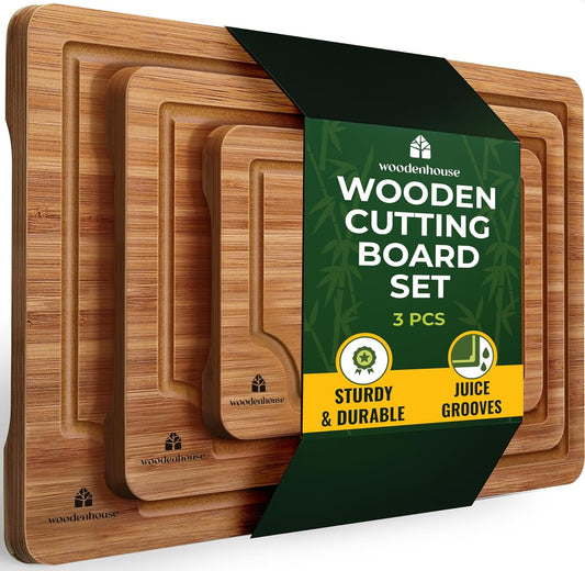Wood Cutting Board Set of 3 with Holder - Sturdy & Easy to Clean Bamboo Wooden Cutting Boards for Kitchen - 3 Sizes of Chopping Board with Juice Grooves for Meal Prep, Everyday Use, Housewarming Gift