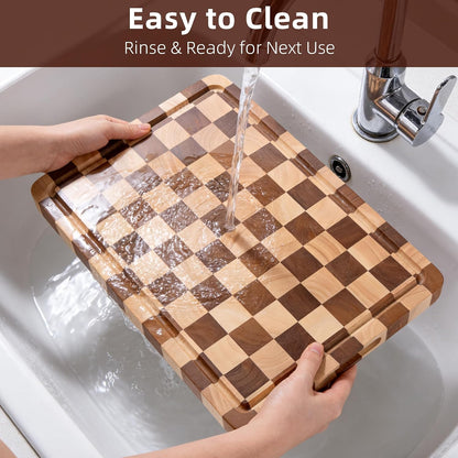 Cutting Board Set of 2 – Checkered Wood & Acrylic Cutting Board with Counter Lip for Kitchen Counter, Wood Checkerboard Chopping Board with Juice Grooves for Vegetables, Fruits, Meat