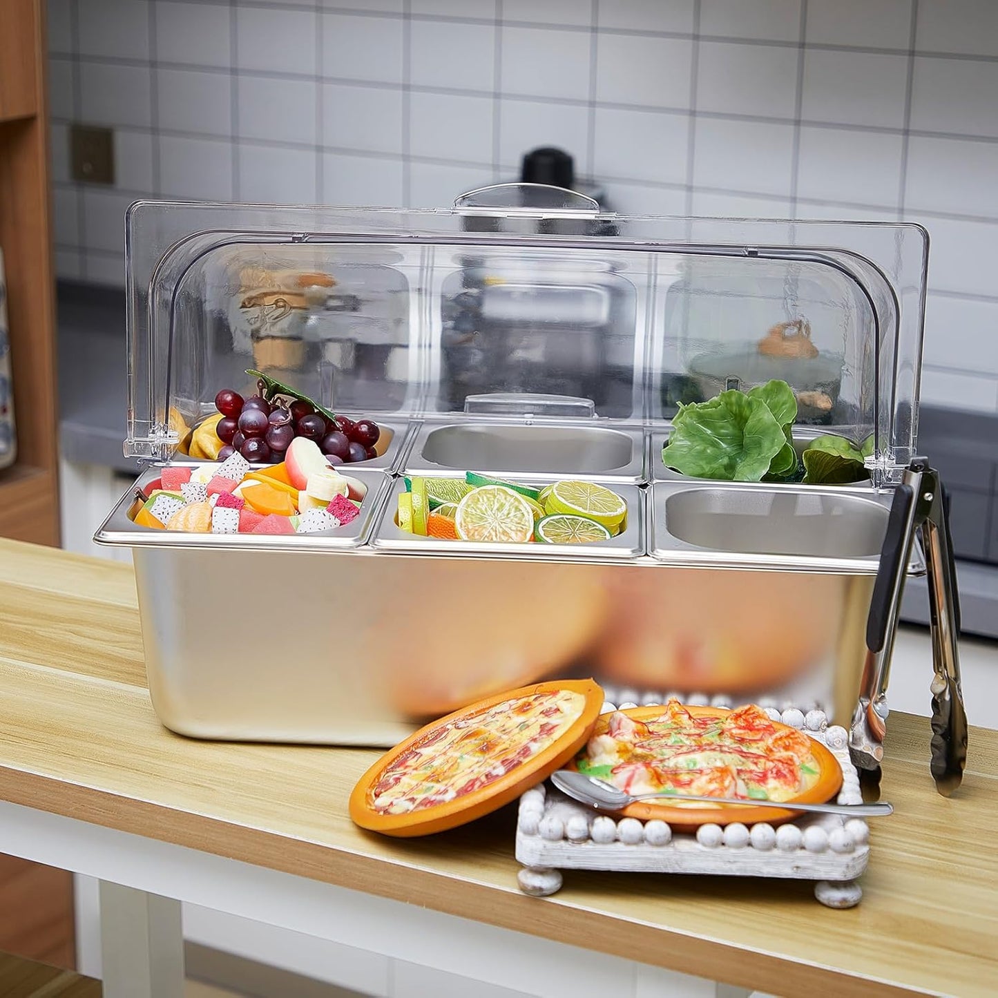 Condiment Tray Stainless Steel Serving Display Set with Lid for Buffet Restaurant Kitchen, Food Chilled Container for Salad Fruit Condiments, Keeps Food Fresh with Ice Box(6 Compartments)