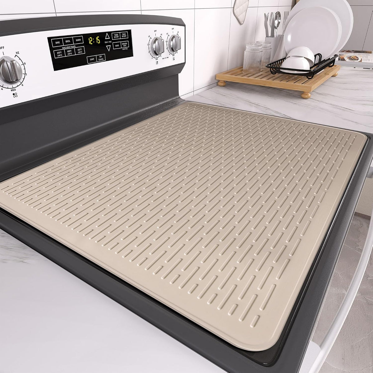 Stove Top Cover for Electric Stove- Range Covers for Electric Stove,Silicone XXL Dish Drying Mat, Glass Cooktop Covers, Flat RV Range top Mats (Black, 28"x20")