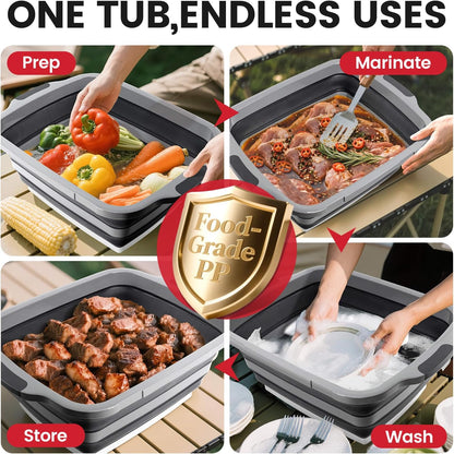 BBQ Prep Tub 3-IN-1 Large 16L Collapsible Cutting Board with Locking Lid for Meal Prep Marinating Food, Camping Sink with Colander, Dish Basin, Storage Blanket for Camping Picnic BBQ, Black