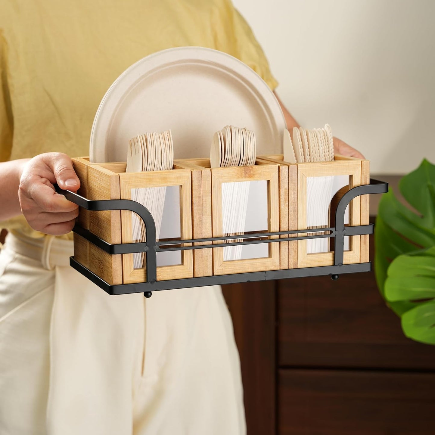 Silverware Caddy Wood Utensil Holder Cutlery Flatware Paper Plate Dispenser Organizer for Spoons Forks Plates Napkins (Acrylic)