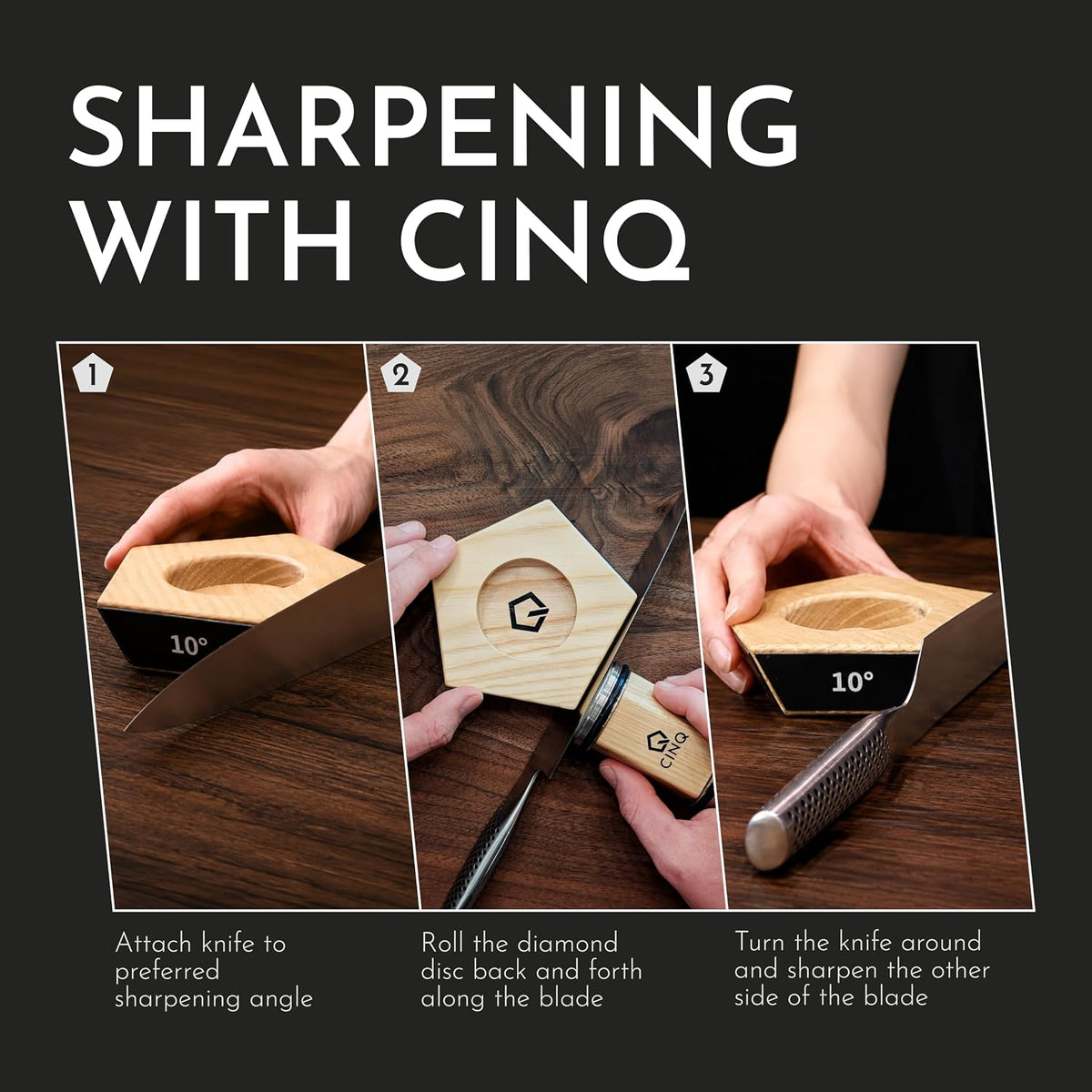 CINQ Rolling Knife Sharpener Kit, 3 Diamond Grits, 5 Angles, Hone