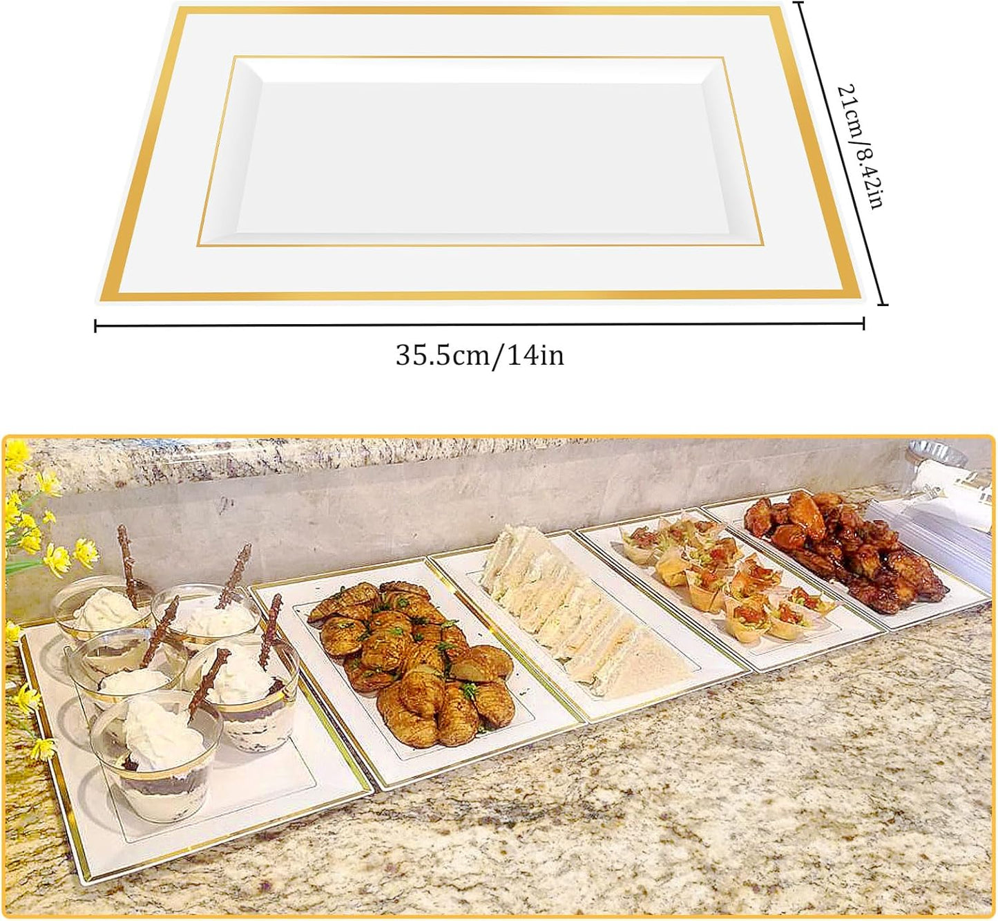 Mwellewm 12 Pcs White Plastic Serving Trays with Gold Rim, 14''x9'' Rectangle Dessert Trays for Dessert Table, Disposable Platters Cookie Cupcake Gold Serving Tray for Birthday Party Wedding