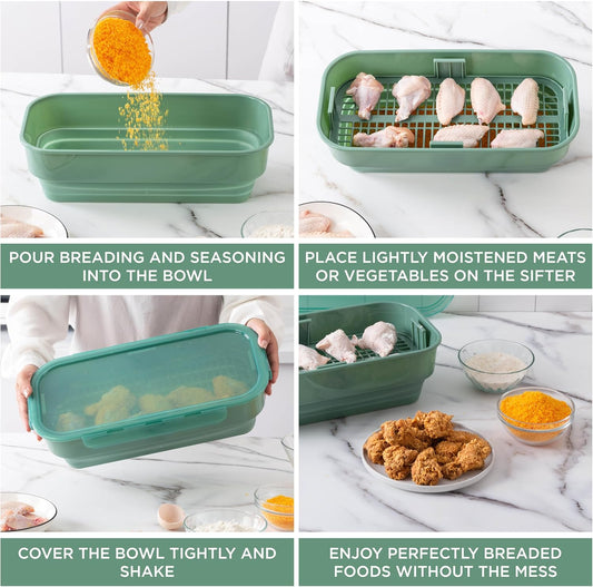COOK WITH COLOR Collapsible Batter Bowl - Mess Free Breading Shaker Container - Great for Fried Fish, Fried Chicken, Onion Rings, Wings & More, Sage