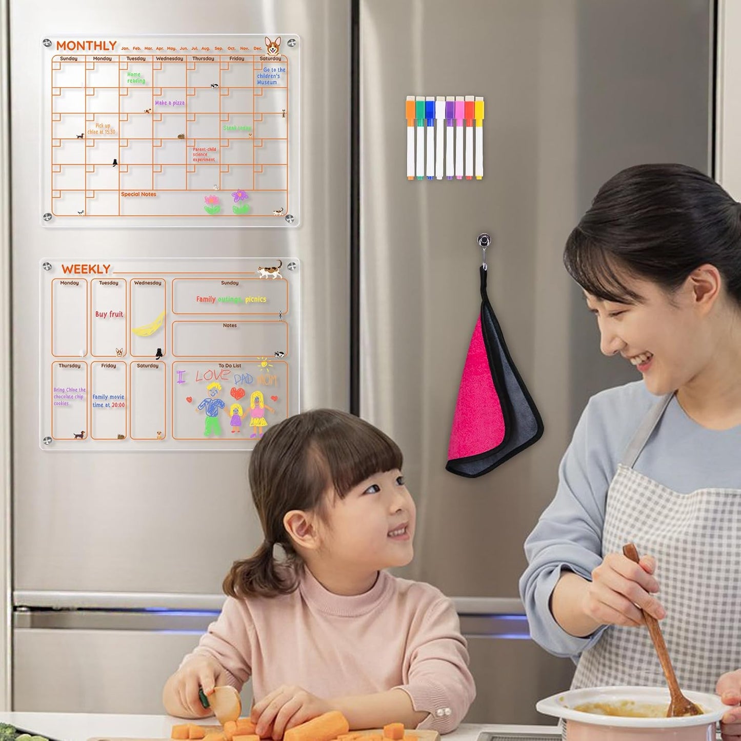 Magnetic Acrylic Clear Fridge Calendar Planner Note Board Set for Fridge,8Colors Markers,Erase Towel (Clear, Monthly & Weekly)