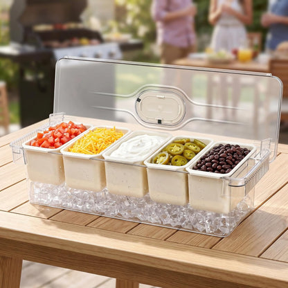 Jucoan Large Ice Chilled Condiment Server with Lid, 5 Compartment Chilled Condiment Caddy, Taco Bar Serving Tray, Garnish Holder Tray for Bartenders Mimosa Salad Soda Bar Supplies, 2 Tongs, 5 Forks
