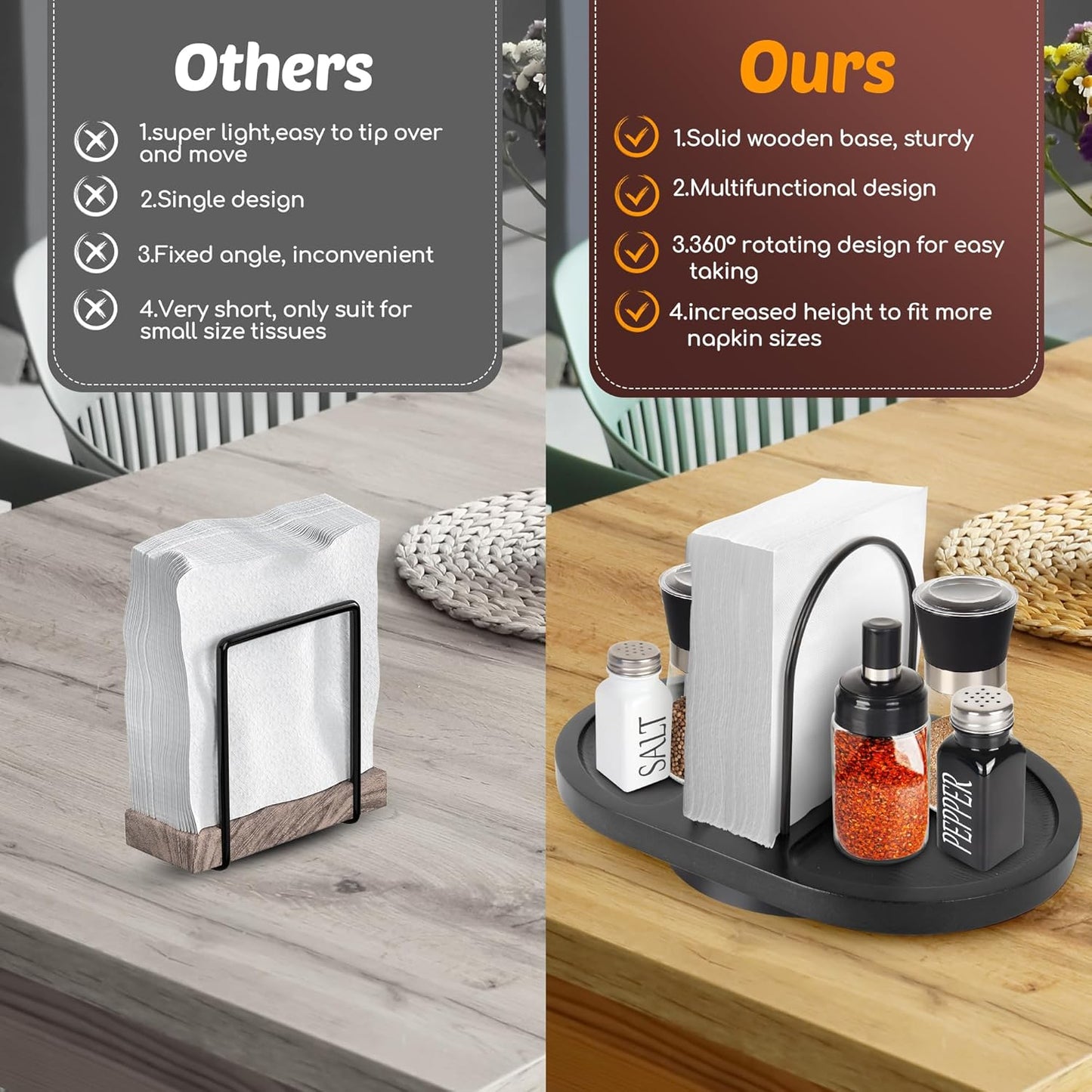Primo Lines Rotating Napkin Holder for Table with Built-In Space for Salt and Pepper Shakers, Wooden Metal Caddy Rustic Table Organizer with 360 Degree Spin for Kitchen Decor and Accessories (Walnut)