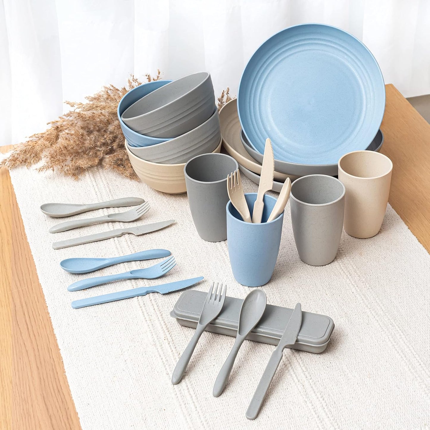 FOODLE Wheat Straw Dinnerware Set - BPA Free & Safety Tested - Microwave & Dishwasher Safe Dishes - Perfect for Camping, Picnic, RV, Dorm - Plates, Cups and Bowls - Great for Kids & Adults - For 4