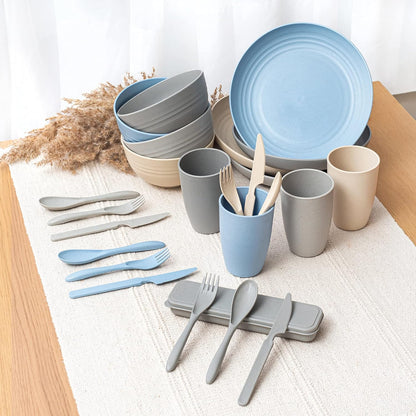 FOODLE Wheat Straw Dinnerware Set - BPA Free & Safety Tested - Microwave & Dishwasher Safe Dishes - Perfect for Camping, Picnic, RV, Dorm - Plates, Cups and Bowls - Great for Kids & Adults - For 4