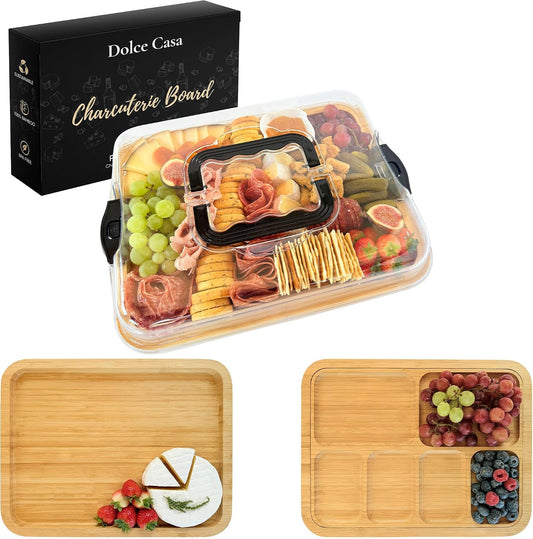 Charcuterie Board with Lid 3-in-1, Portable Bamboo Serving Tray with Lid & Removable Snack Tray for Cheese, Fruit, Food - Covered Cheese Platter for Picnic, Travel, Ready-to-Gift