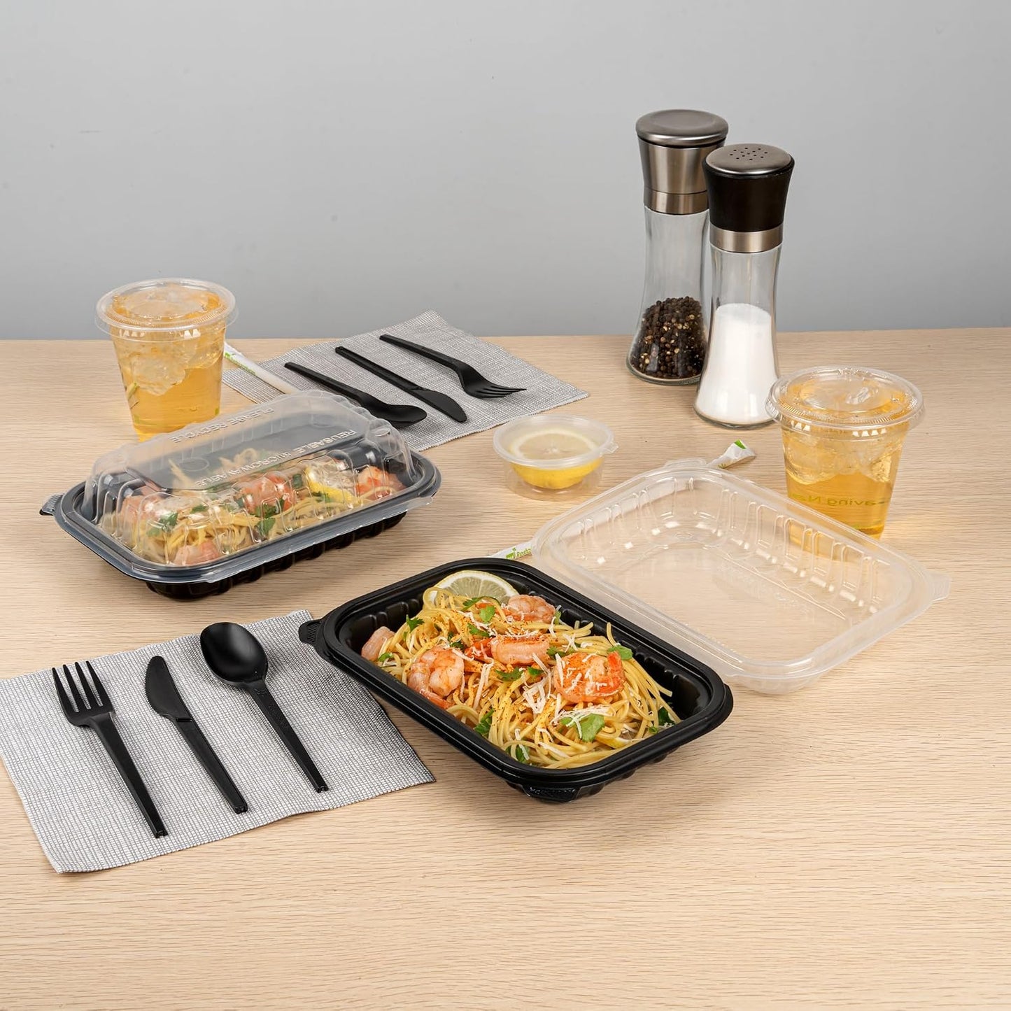 Thermo Tek 40 Ounce Clamshell Containers, 50 Disposable Take Out Boxes - 3 Compartments, Ventilated Lids, Black Plastic Meal Prep Containers, Microwavable, For Pasta Or Salads - Restaurantware
