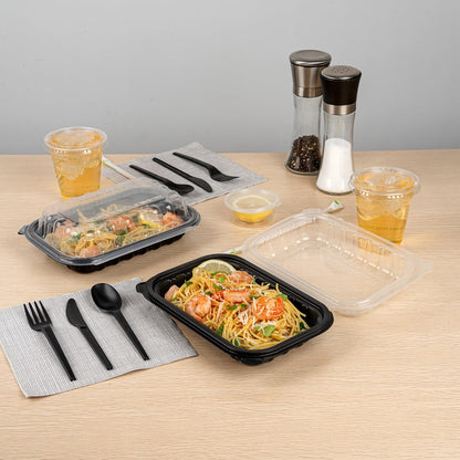 Thermo Tek 40 Ounce Clamshell Containers, 50 Disposable Take Out Boxes - 3 Compartments, Ventilated Lids, Black Plastic Meal Prep Containers, Microwavable, For Pasta Or Salads - Restaurantware