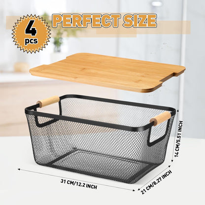 Geelin 4 Pcs Metal Wire Basket with Wooden Handles and Bamboo Lids 12.2 x 8.27 x 5.51 Mesh Steel Basket Stackable Storage Bins Organizer Containers for Vegetables Fruit Home Cabinet Pantry(White)