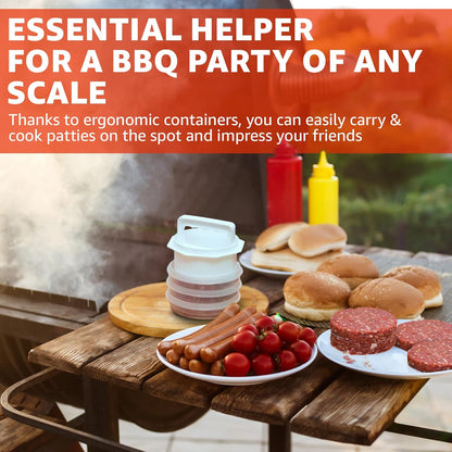 Hamburger Press Patty Maker - 4 in1, Burger Mold, Patty Press, 6 Storage Containers, 100 Round Papers - Hamburger Patty Maker Tool for BBQ - Burger Shaper for Meat, Veggie Patties