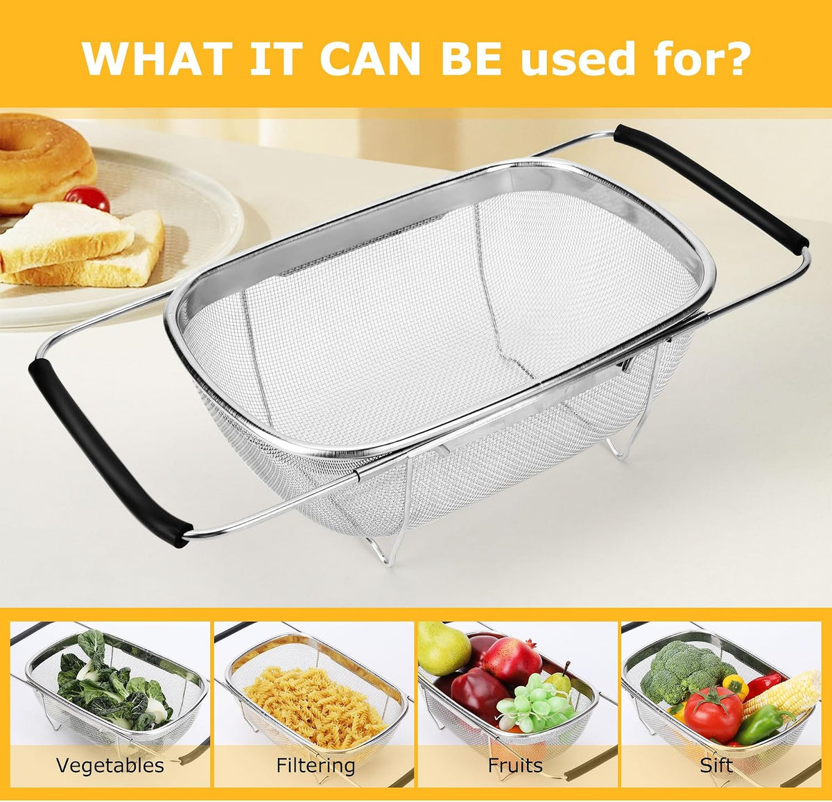 ZDRongZhen Kitchen Accessories Over the Sink Colander Strainer Basket，Stainless Steel Colander with Expandable Rubber Grip Sink Drainer-Rinse Vegetables Fruits &Strain&Drain (Large-Fine mesh)