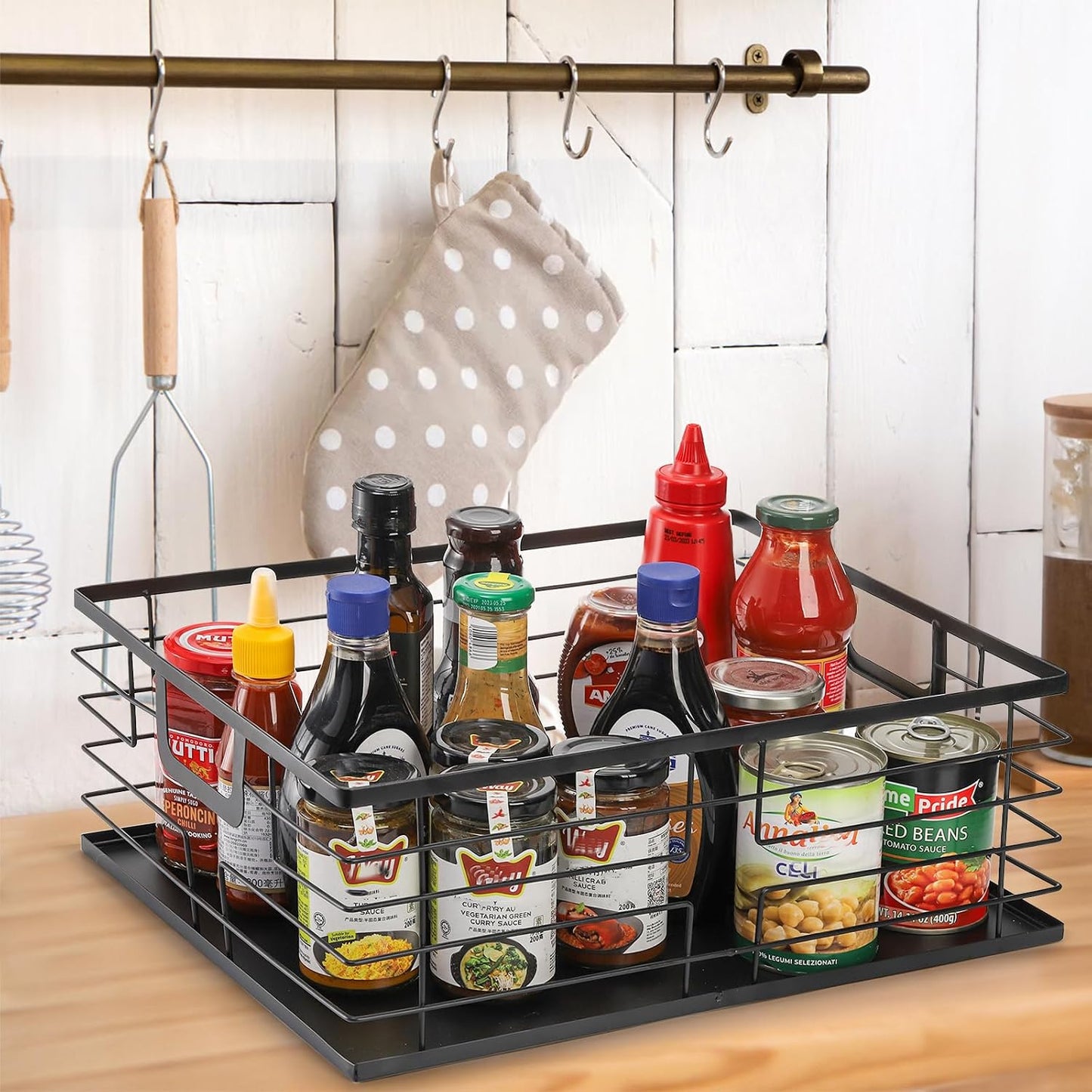 TOPZEA Black Metal Food Storage Basket for Pantry Organization, Large Steel Wire Farmhouse Basket Organizer Bin with Handles for Organizing Bathroom, Kitchen, Shelf, Cabinet, 16"x 12.5"x 6"