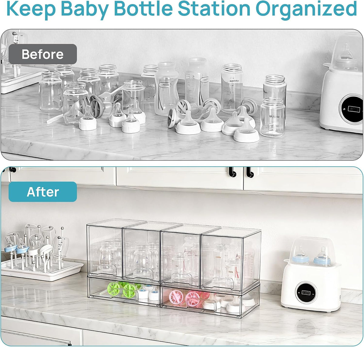 Vtopmart Stackable Storage Drawers Set of 5, Clear Plastic Organizer Bins for Baby Bottle, Beauty Supplies Storage, Ideal for Kichen Countertop, Vanity, Bathroom, Cabinet, Pantry Organization