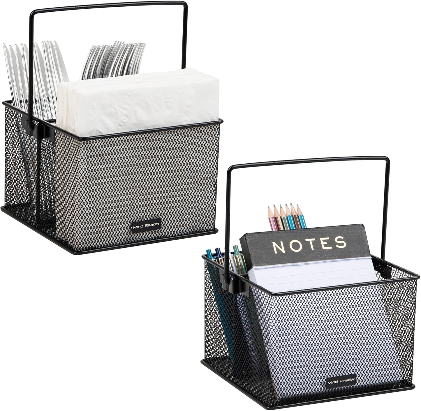 Mind Reader Utensil Holder, Silverware and Napkin Caddy, Outdoor Utensil Organizer, Metal Mesh, 7"L x 7"W x 5"H, Set of 2, Black