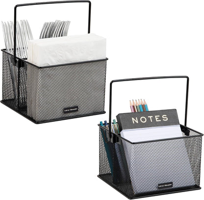 Mind Reader Utensil Holder, Silverware and Napkin Caddy, Outdoor Utensil Organizer, Metal Mesh, 7"L x 7"W x 5"H, Set of 2, Black