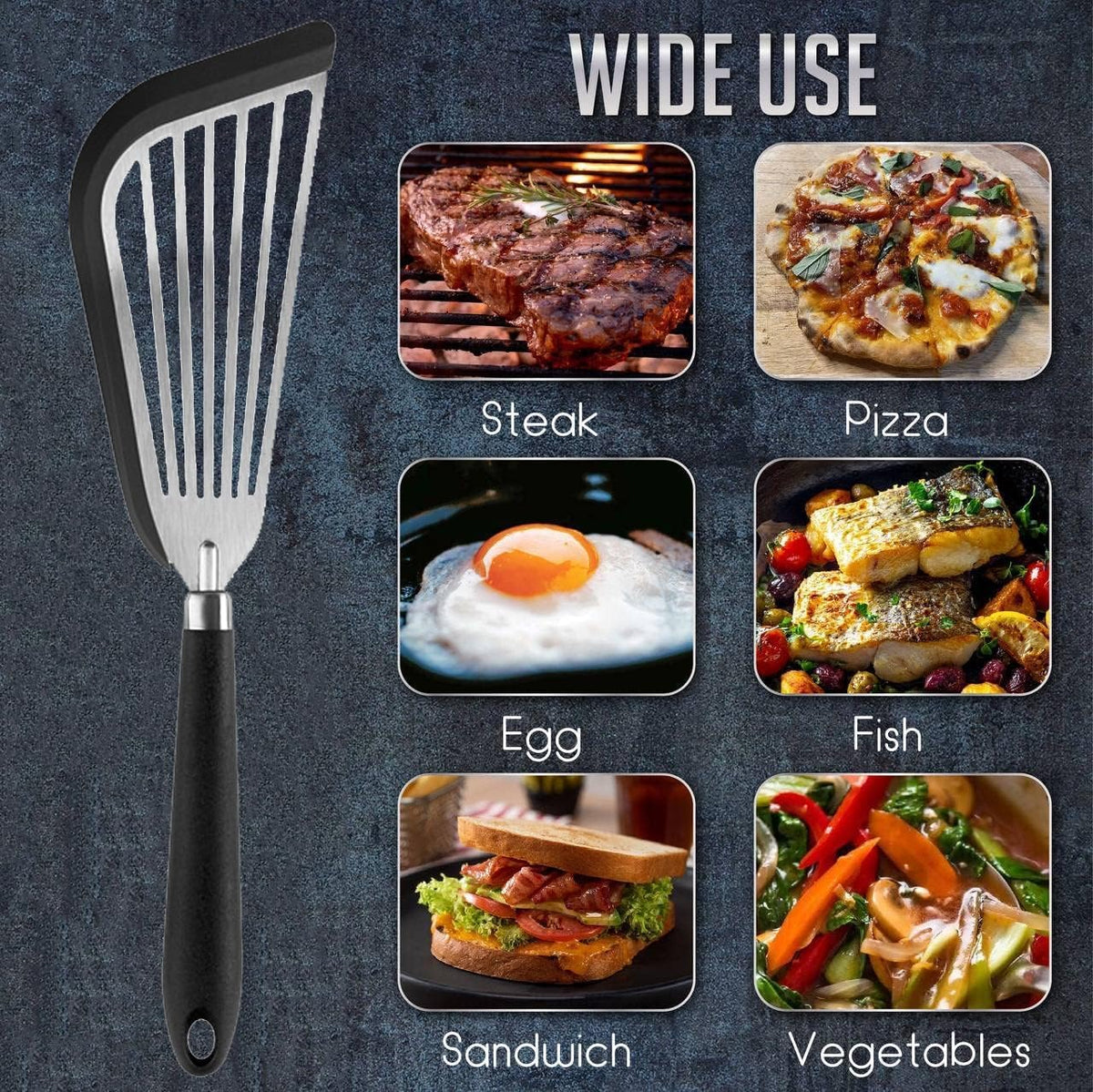 Stainless-Steel Slotted Flex Fish Turner, Set of 2, Kitchen Spatulas for Nonstick Cookware, Cooking Utensils for Flipping Eggs & Pancakes, Heat-Resistant, BPA Free, Dishwasher Safe, Black