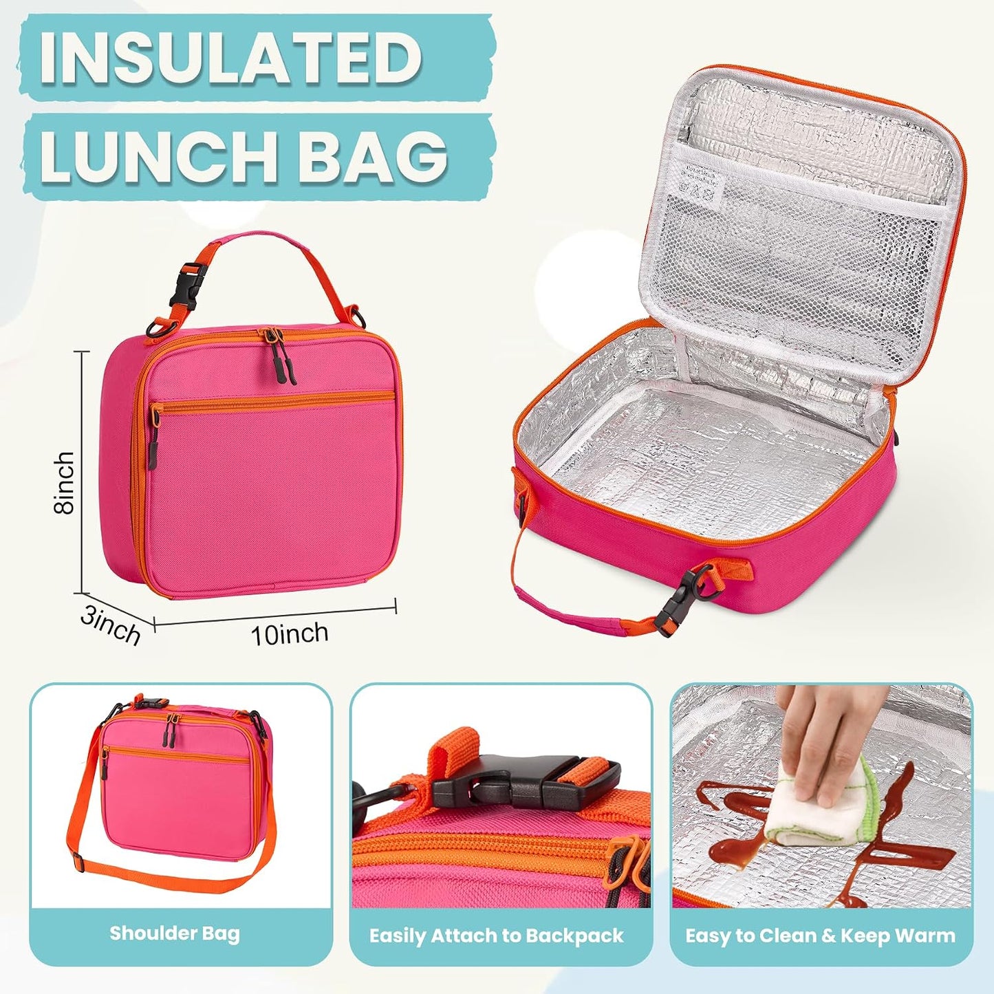 PIQUEBAR Kids Lunch Box with 8oz Thermo, Leakproof Bento Box with Insulated Bag, Kids Insulated Water Bottle with Straw, Food Lunch Container for Back to School Girls, Pink