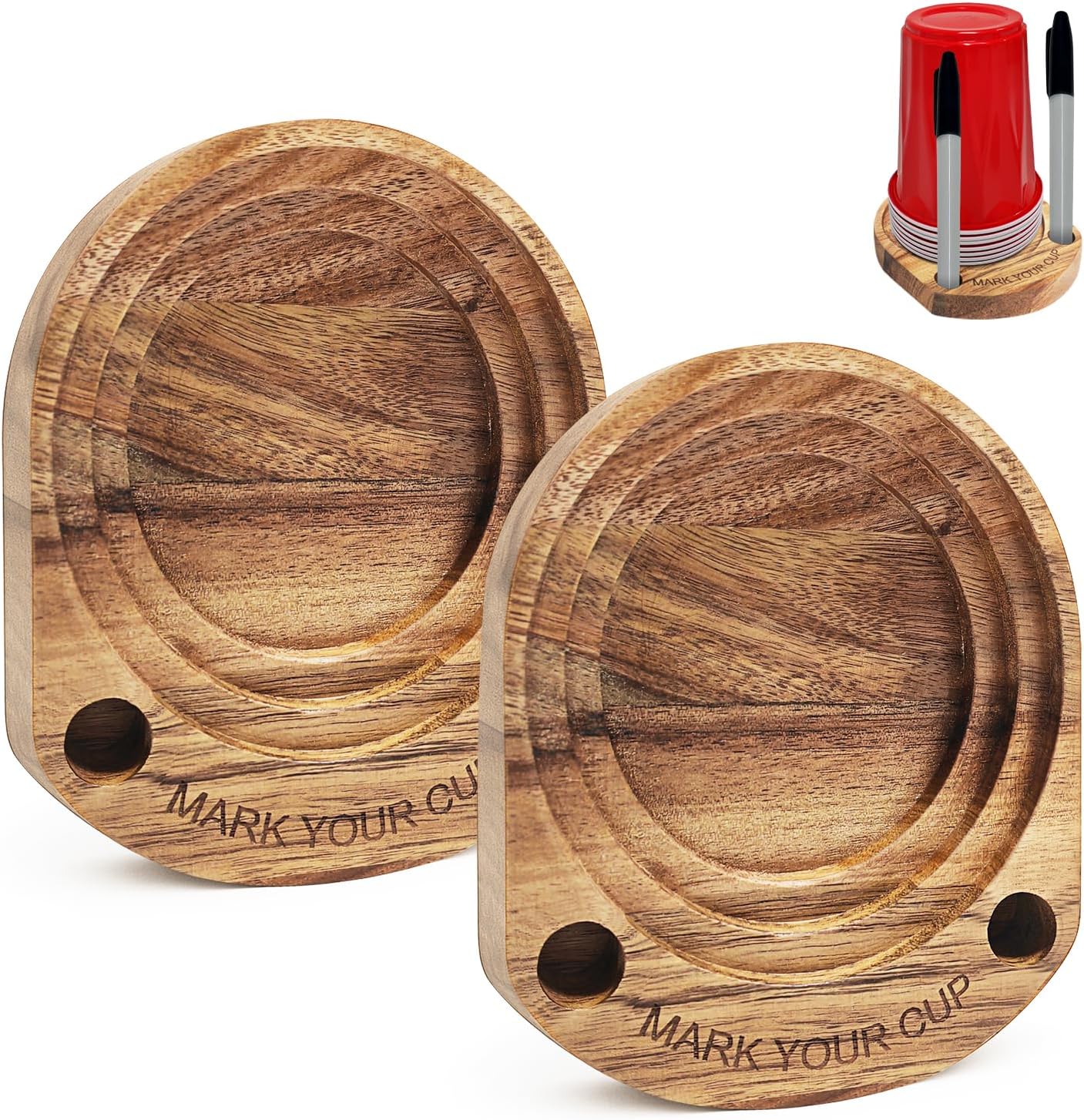 Party Cup Holder with Marker Slot, Acacia Wood Bathroom Cup Dispenser Mark Your Cup and Drink Up, Hosting Essential to Prevent Mix-Ups & Mark Your Cup for Birthdays, BBQs, Holiday Events