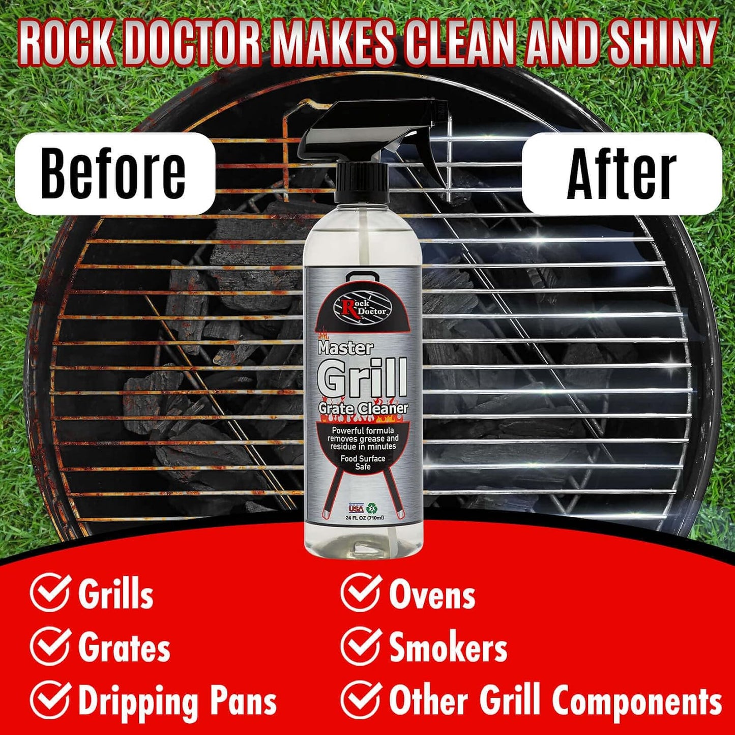 Rock Doctor Master Grill Grate Cleaner, 24 oz. Cleaning Spray for Drip Pans, Oven Grates, Smokers, and Components, Non-Abrasive Liquid Solution Removes Grease, Grime, and Dried Food – Pack of 1